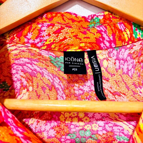 SIMONS Orange and pink cropped floral shirt | Short sleeve viscose | Small * - Picture 4 of 6